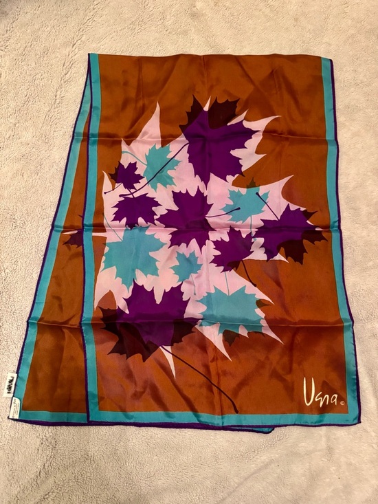 Vera Neumann Accessories - Vera Neumann Oblong Scarf 44x15 Brown Teal‎ Purple Leaves Japan Vintage